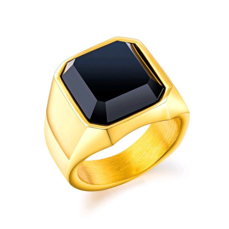 COD!! Cincin Pria Titanium Onyx Tahan Karat Emas / Baja / Hitam Cincin Kasual Fashion Ring