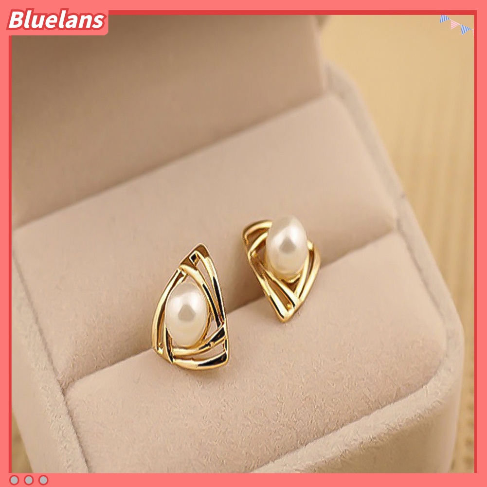 Bluelans Women Faux Pearl Inlaid Double Triangle Crossover Ear Stud Earrings Jewelry Gift