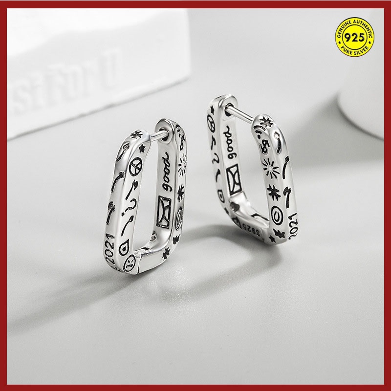 Anting Bentuk Oval Motif Graffiti Bahan Sterling Silver Gaya Hip Hop Untuk Unisex