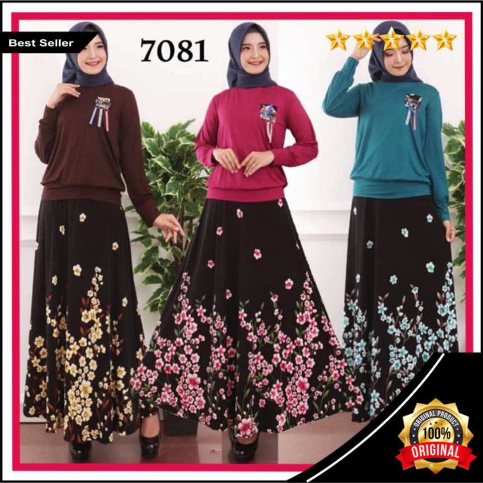 Baju Wanita Muslim Terbaru Baju Stelan Rok Jersey 7081 Merk Premium