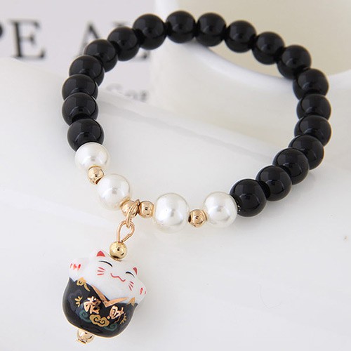 LRC Gelang Tangan Sweet Cat Shape Pendant Decorated Beads Bracelet