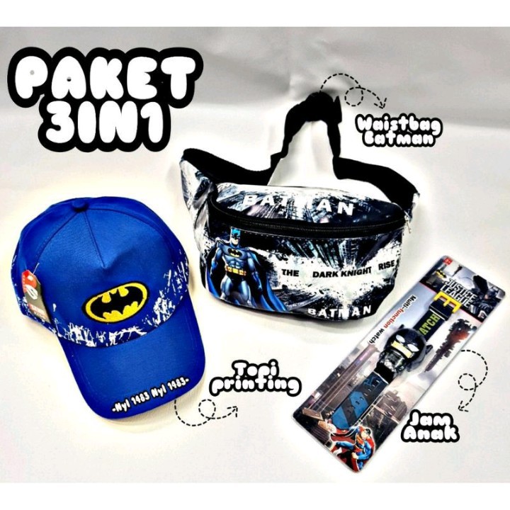 (BISA COD) PAKET 3 IN1 WaistBag Anak Laki Laki Motif Superhero Batman+Topi Anak+jam tangan karakter