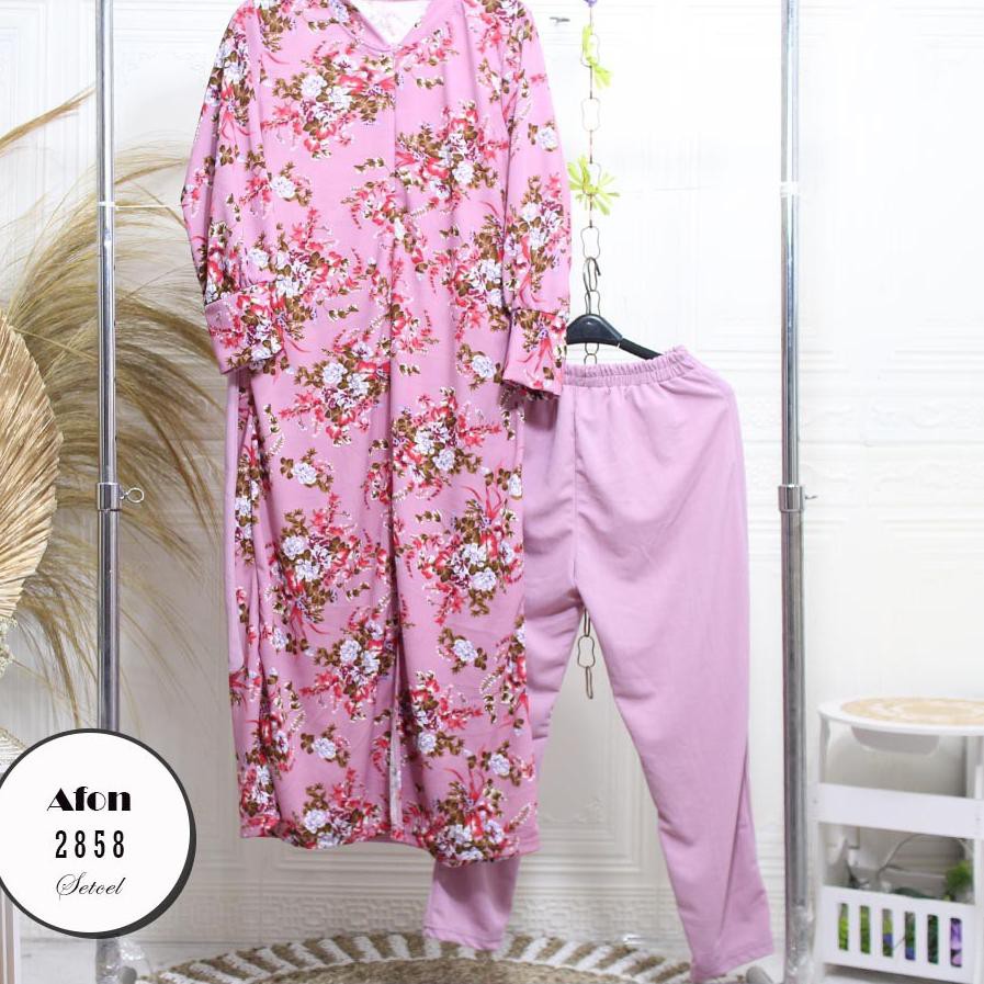 ➵ Setelan Gamis Busui Resleting Motif Bunga Printing Tali Pinggang Voxy Jumbo Afon ✬