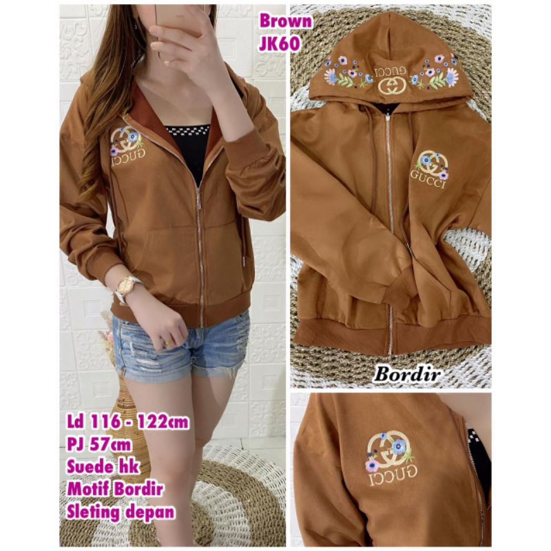 Jk60.Jaket wanita suede hoddie bordir gucci
