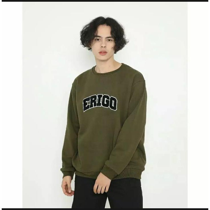 (COD)SWITER CRUWNECK ERIGO HIJAU ARMY TEK BORDIL HITAM APPAREL/ PRIA & WANITA BAHAN COMBED 30S