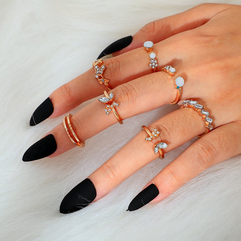 7pcs / Set Cincin Jari Model Terbuka Desain Bunga Kupu-Kupu Geometris Kristal Dapat Disesuaikan Gaya Vintage Untuk Wanita