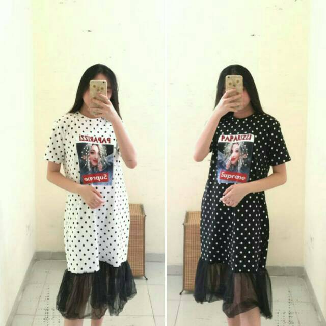 Dress Kaos Import panjang bahan kaos tebal premium motif polkadot mix tile aplikasi mutiara Ken-355