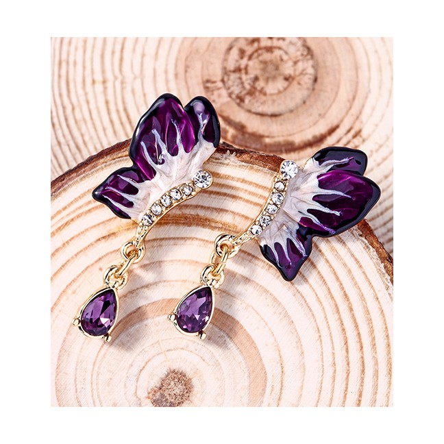 LRC Anting Tusuk Fashion Purple Earrings 925 Silver Needle Butterfly Drop Diamond Earrings F69628