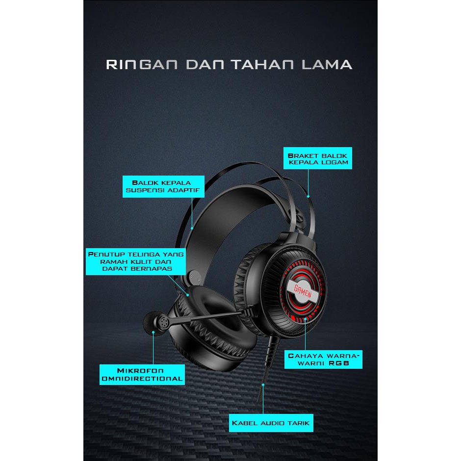 Headset Gamen GH2100 3.5mm Audio Jack input RGB LED Light Braided Wire garansi 1 tahun