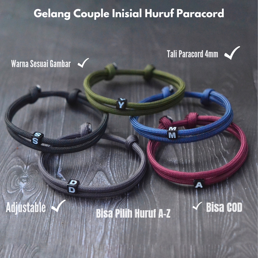 Gelang Couple Inisial Nama Huruf Pria Wanita Custom Tali Paracord 550 4mm Premium Adjustable Viral