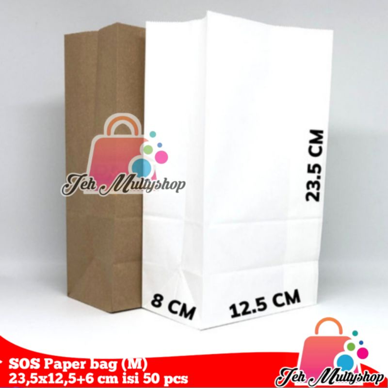 

SOS Paper bag (M) 23,5x12,5+6 cm isi 50 pcs / kantong kertas SOS/fried chicken/snack