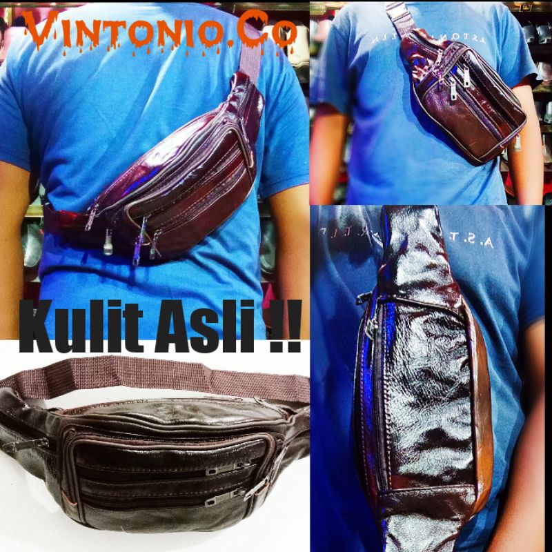 Tas Selempang Bahan Kulit asli / Waistbag Pria Bahan Kulit Asli Termurah / Garansi 100% Kulit asli