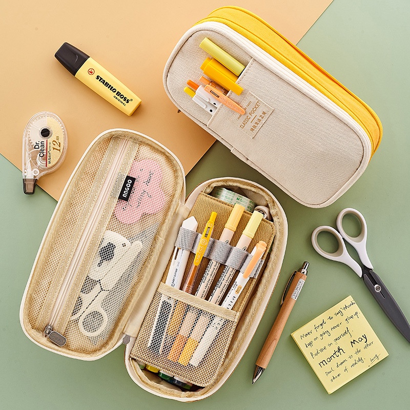 

Macaron Color Canvas Pencil Case Stretch Double Layer Large Capacity Stationery Pen Box Cute Pencilc