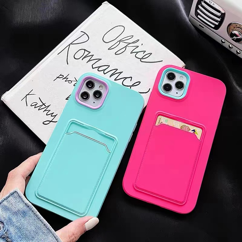 3in1 Warna Silicone Card Holder case Handphone IPhone 11 12 13 14 Pro max X XS Xr 7 8 Plus Sarung case shockproof