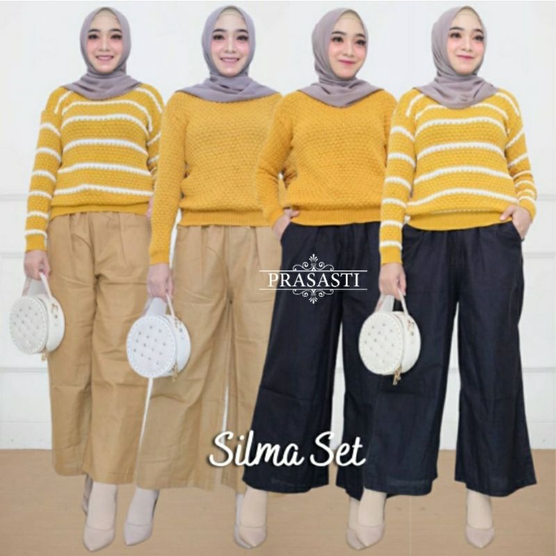 baju setwlan celana wanita katun linen blouse rajut SILMA SET