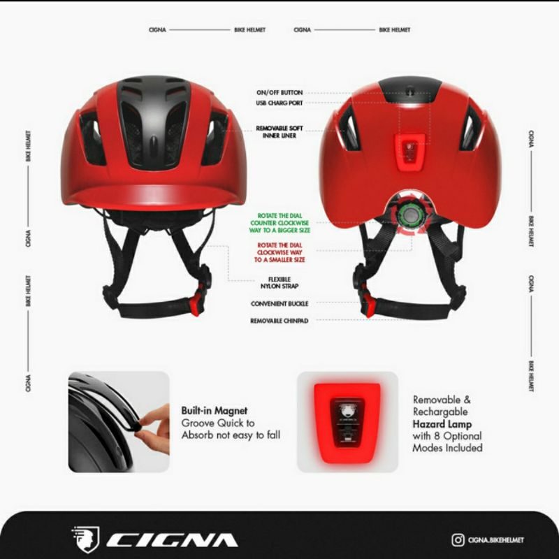 CIGNA TS-44 Bike Ultralight Helmet + Lamp Helm - Helm Sepeda - RED