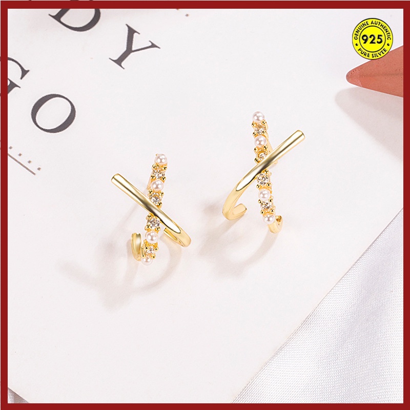 Anting Tusuk Lapis Emas 18K Desain Salib Hias Mutiara + Berlian Imitasi Untuk Wanita U930