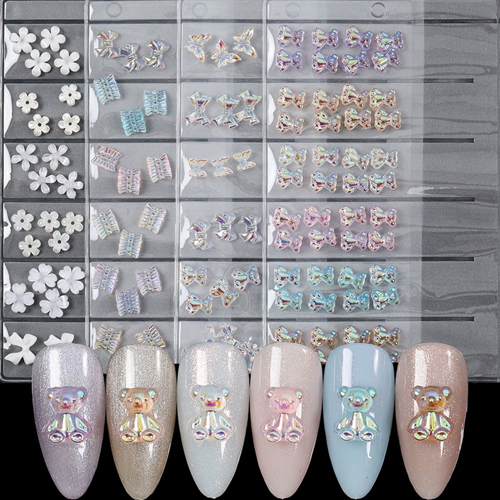 MXBEAUTY 48 Pcs/Set 3D Nail Decoration Various Nail Rhinestones Nail Art Bow Skirt Shape Candy Color Resin Laser Colorful Bow Ribbon DIY Manicure Accessories Nail Jewelry