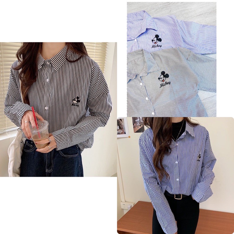 blouse atasan kemeja casual wanita / kemeja  wanita terbaru / kemeja stripe / kemeja korea mickey ( K1252 )