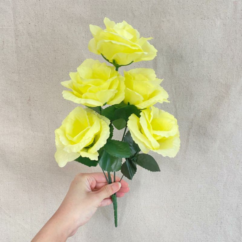 Bunga Mawar hias Rose Impor  FL X5 P:40cm (satuan) Bunga Artificial / Bunga Plastik / Bunga Dekorasi-Kuning