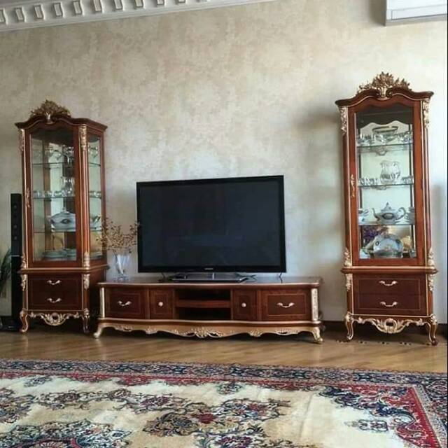 Bufet meja tv lemari hias tundan kaca jati