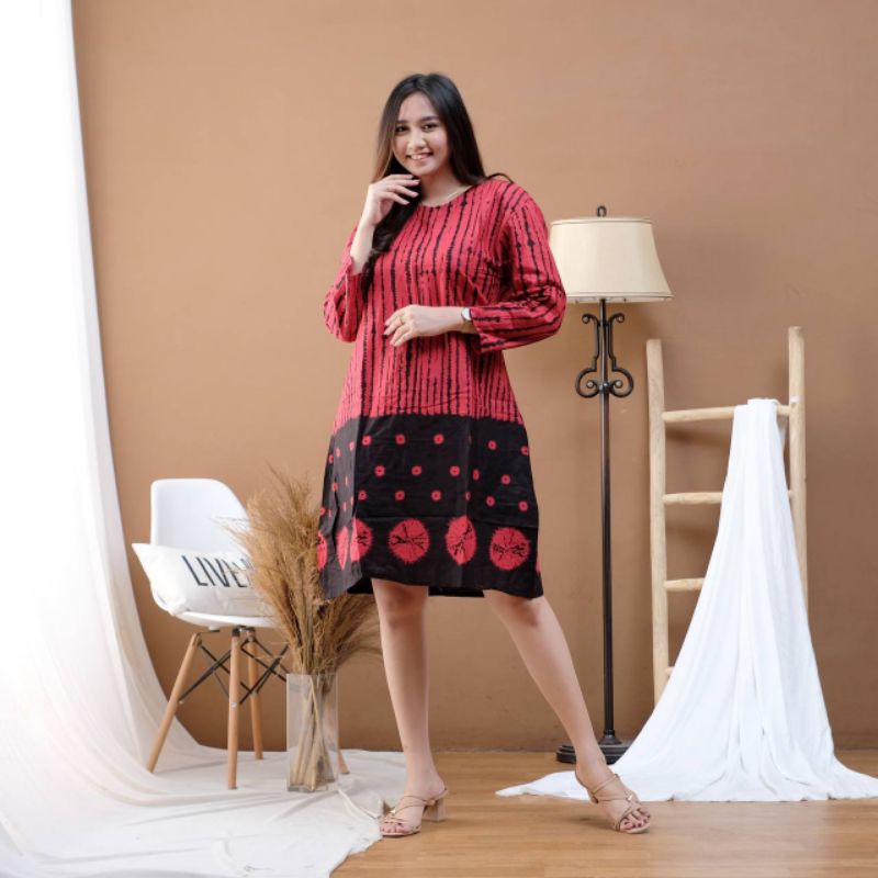 MIDI DRESS BATIK CEWEK TUNIK BATIK MOTIF SALUR KOIN LENGAN PANJANG SELUTUT WARNA MERAH DAN KUNING BI