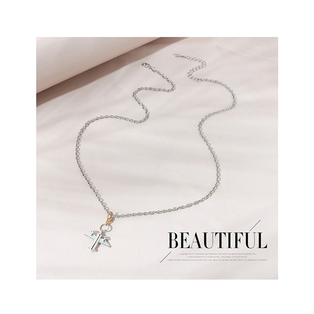 LRC Kalung Fashion Silver Small Airplane Alloy Necklace Y64709