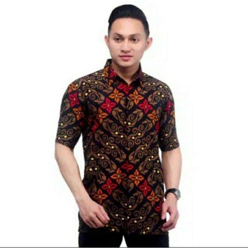 Baju Batik Kemeja Pria Lengan Pendek BSWART Batik Pria HRB026 Kenongo Hem Pendek Padi