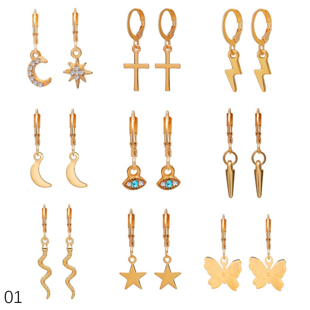 Timekey 9 Pasang / Set Anting Tusuk Desain Mata Petir Hias Berlian Imitasi Untuk Wanita A8K6