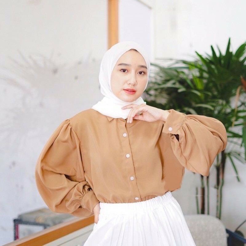 KEMEJA LENGAN BALON WANITA || ATASAN KEMEJA BLOUSE CASUAL WANITA CASUAL OVERSIZE POLOS AUDRY AUDREY - BAHAN WOLFIS