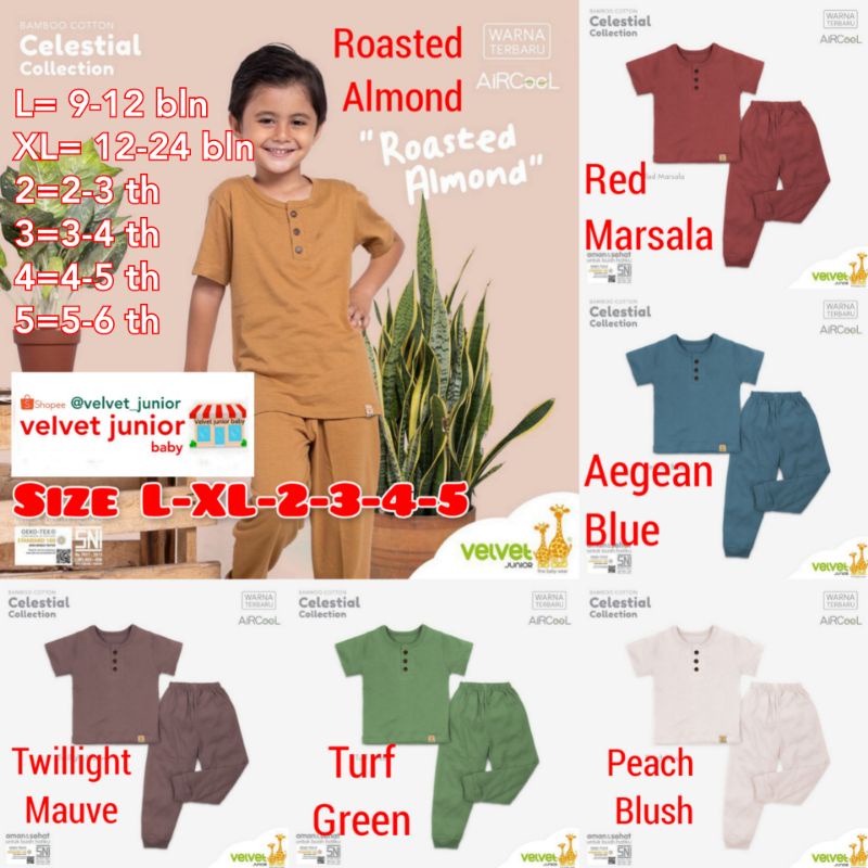 VELVET JUNIOR Celestial Collection Setelan KANCING DADA PENDEK-CELANA PANJANG Polos Warna (1 Setel)