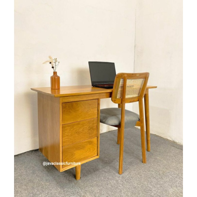 1 SET KURSI MEJA KERJA KANTOR MEJA LAPTOP KOMPUTER BELAJAR ANAK SEKOLAH MINIMALIS LACI 3 BAHAN KAYU JATI NATURAL VINTAGE MURAH-4
