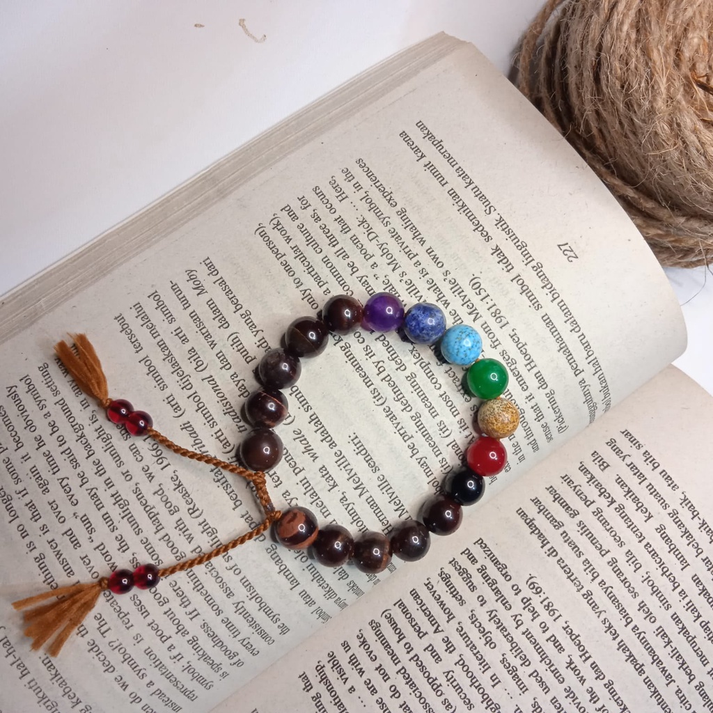 Gelang Batu Original Handmade Batu Red Tiger Eye Kombinasi 7 Chakra