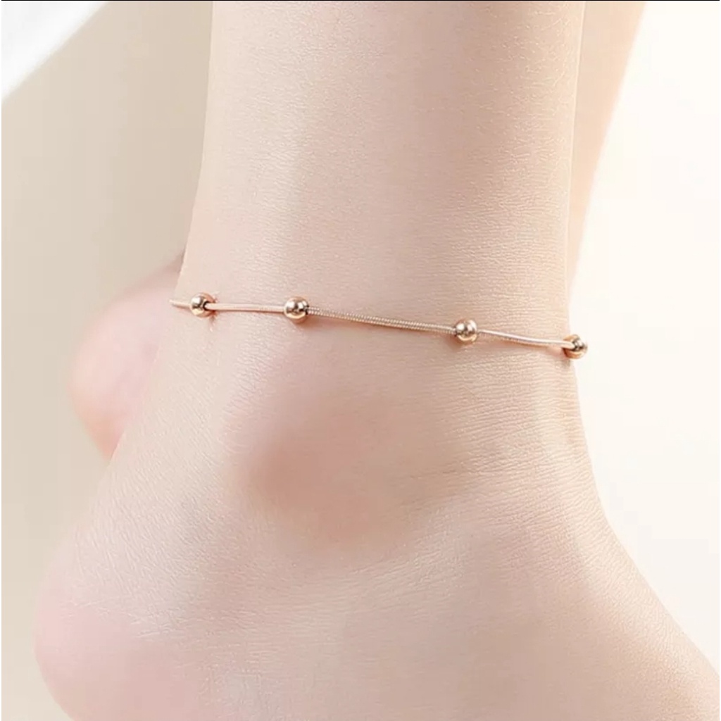 Gelang Kaki Titanium Model Rantai Tulang Ular Aksen Minimalis Bola Bulat Rose Gold, Gold dan Silver