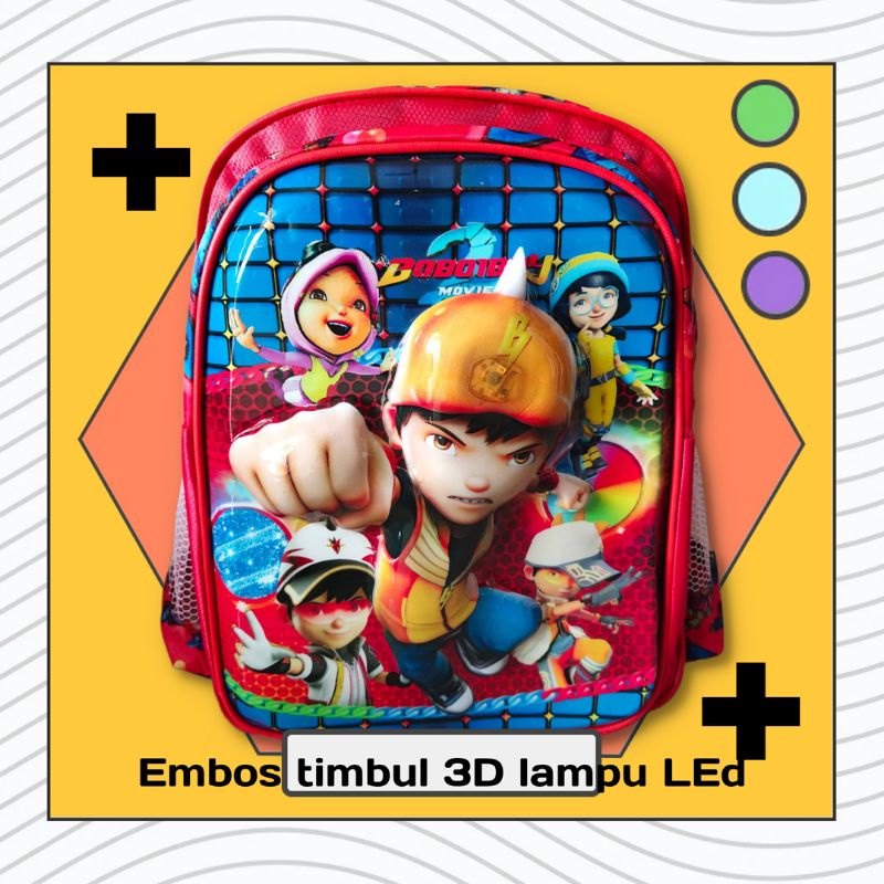 Tas Ransel Sekolah Anak Laki laki SD Karakter Embos Timbul 3D LED Nyala Waterproof Anti Air