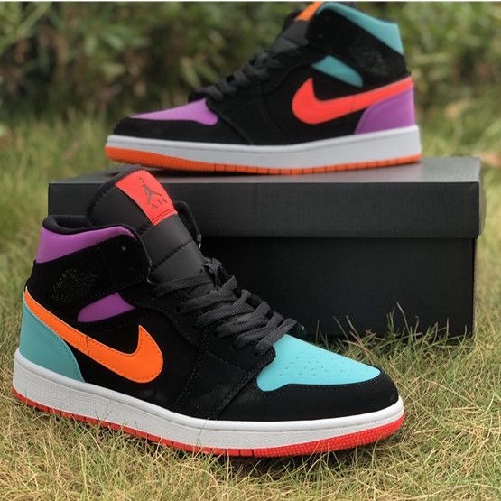 Sepatu Nike Air Jordan 1 Mid Multicolor Black Purple Green Hitam Ungu Premium
