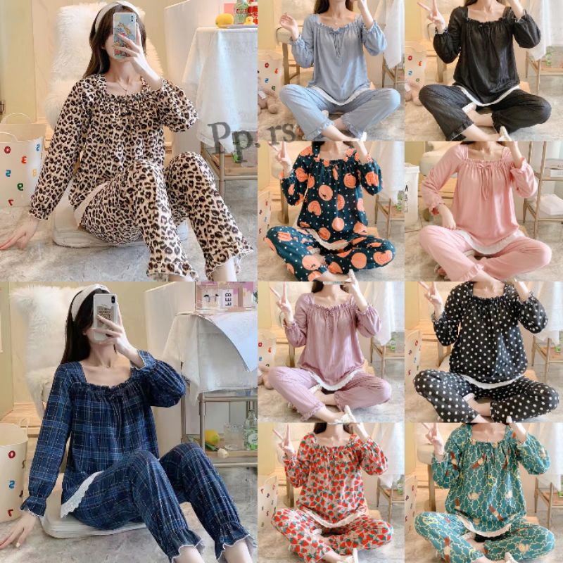 PIYAMA BAJU TIDUR WANITA LENGAN PANJANG RENDA IMPORT|SET PIYAMA LENGAN PANJANG|OVERSIZE PIYAMA WANITA|RS