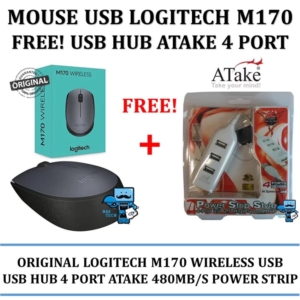 Mouse Logitech M170 FREE Bonus Usb Hub Atake 4 Port Power Strip Style