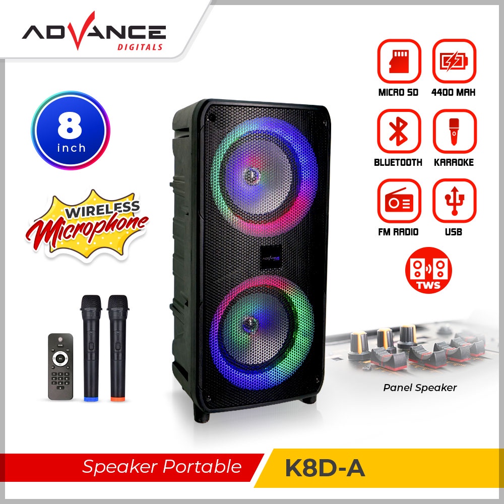 Advance Digitals K8D-A Speaker Meeting Bluetooth Salon Aktif 8&quot; Gratis 2 Mic Karoke Batrei Besar RGB Light TWS