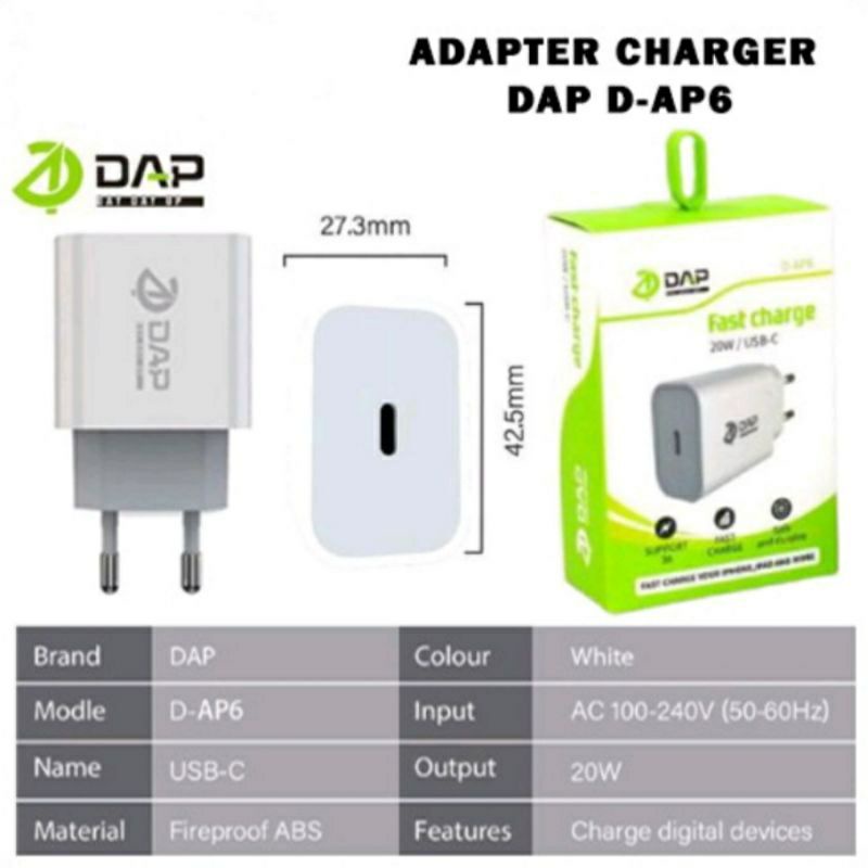 Jual Travel Charger DAP DAP6 Adaptor Charger USBC Fast Charge 20W USB