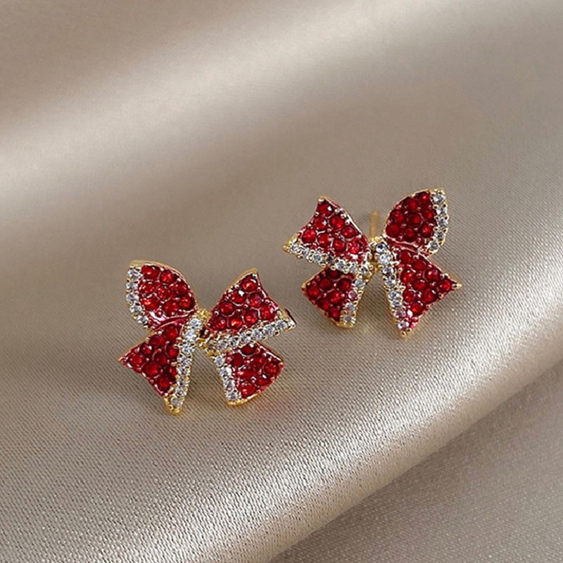 Korean Fashion Red Bow Pendant Paint Rhinestone Love Lady Stud Earrings Earrings Lucky Cute Jewelry Gift Best Accessories for Girlfriend