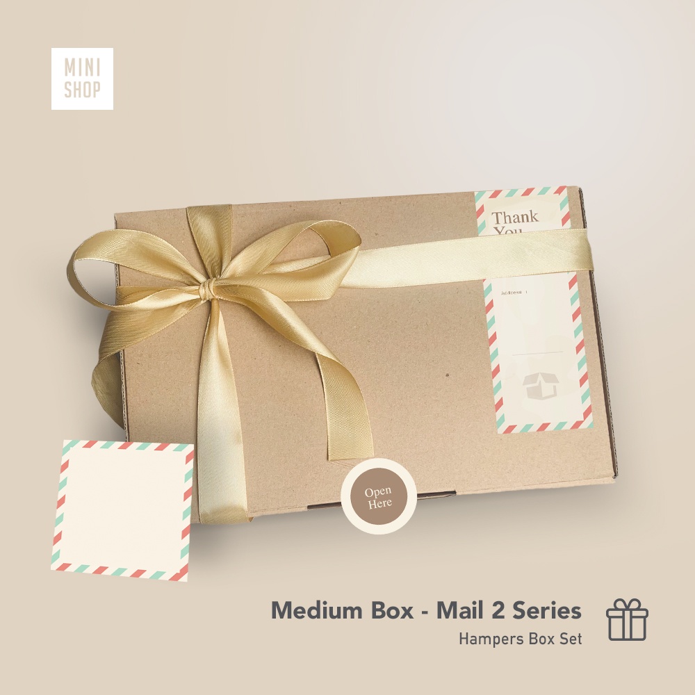 Mail 2 - Medium box 27 x 17 x 5 cm - lengkap + pita + kartu ucapan ( kotak kardus kado kemasan hampers set murah hoodie hijab baju kaos gamis dress fashion aksesoris / makanan food snack kue kering donat nastar )