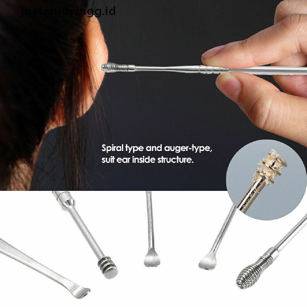 // justenjoyingg.id // 7Pcs/Set Stainless Steel Ear Pick Curette Wax Earpick Scoop Remover Cleaner Tool ~