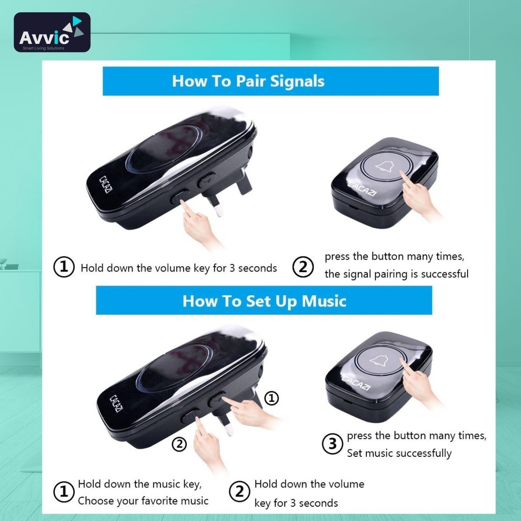 Avvic x Cacazi Bel Pintu Rumah Wireless LED 300M Waterproof IP44  2 Receiver 1 Transmitter Outdoor