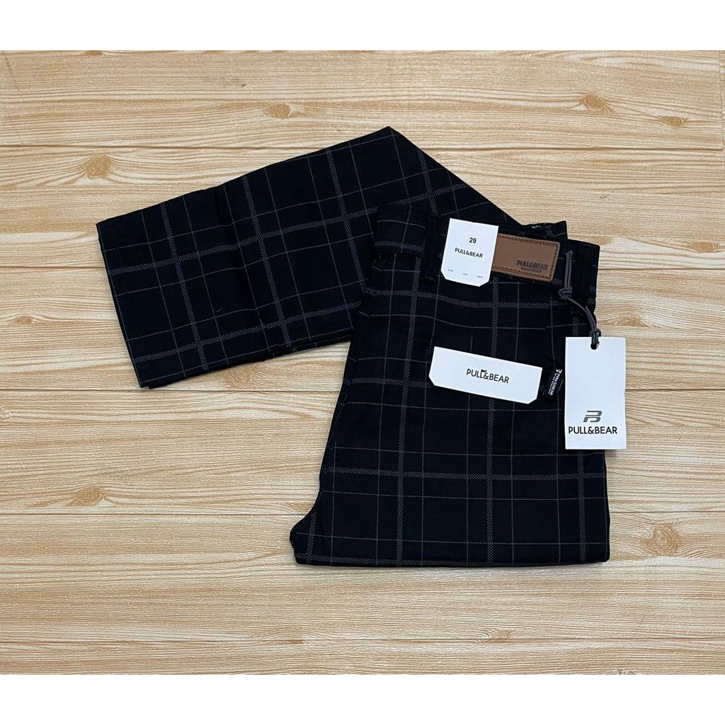 Celana Tartan Pria Slim Fit Pants Tartan Cowok Warna Hitam Celana Casual Motif