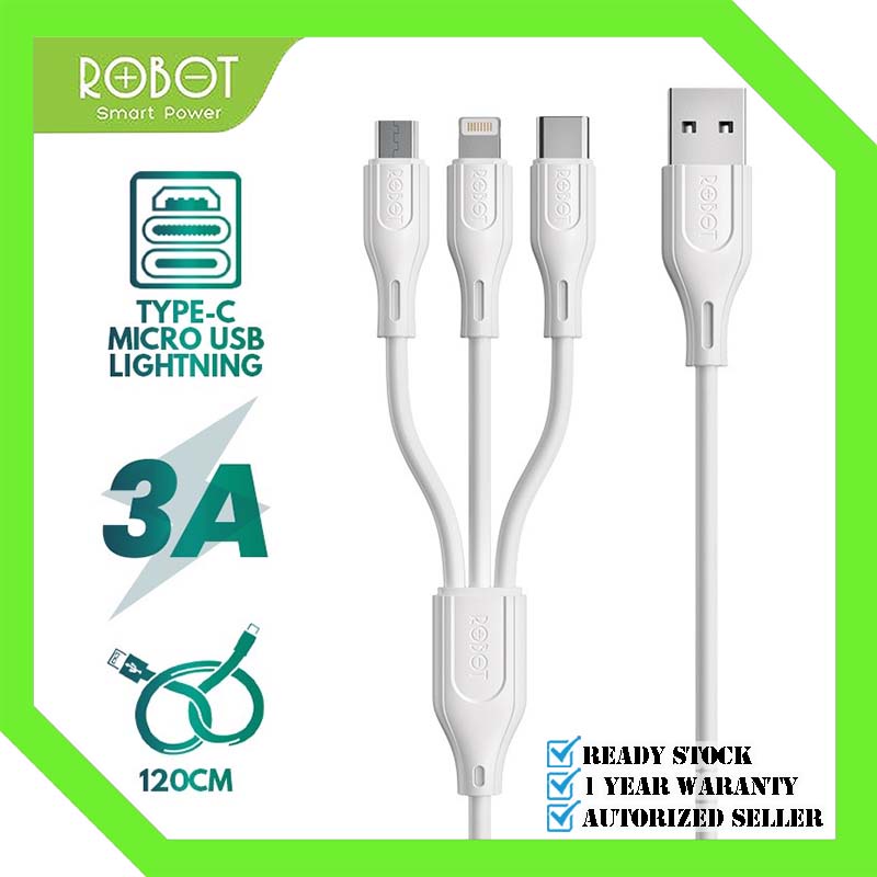 ROBOT RDY120 Kabel Data Fast Charging 3 in 1 Type-C / Micro Lightning Data Cable Original - Garansi Resmi 1 Tahun