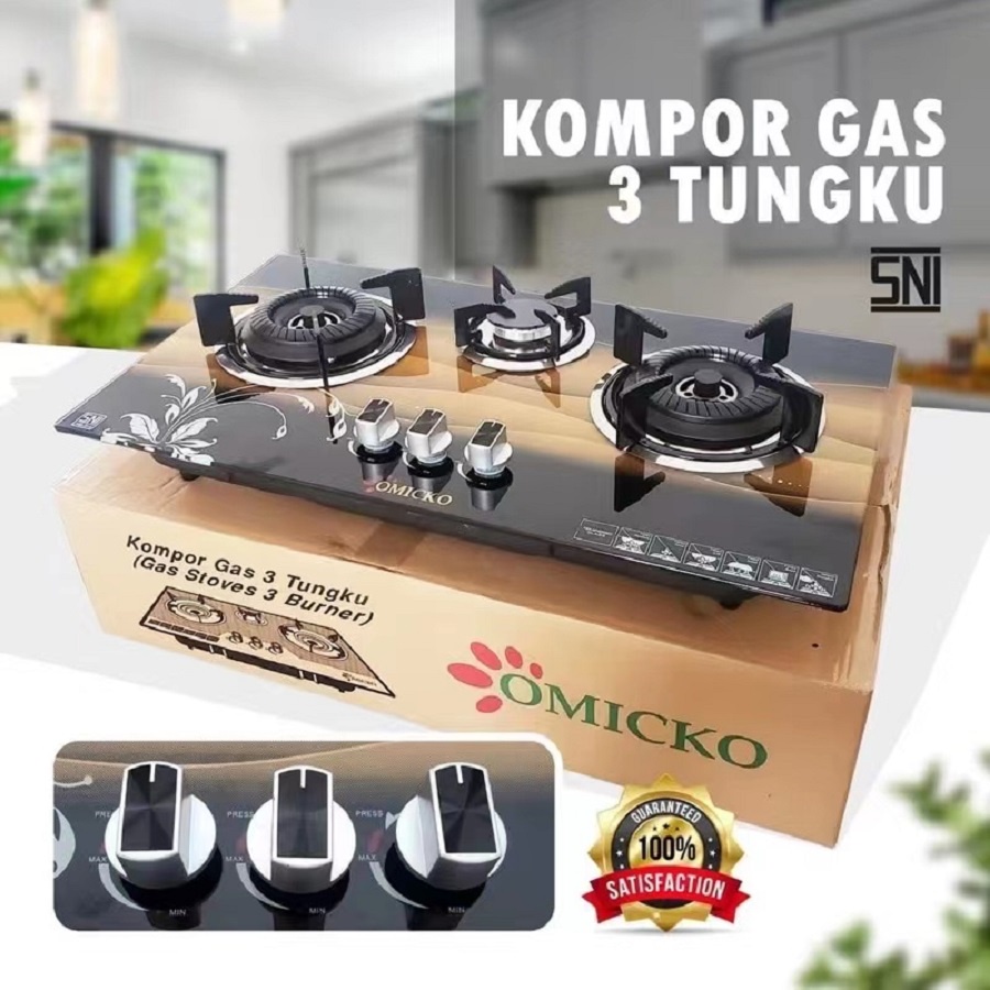 KOMPOR GAS TANAM KACA 3 TUNGKU OMICKO BAHAN KACA TEMPERED GLASS