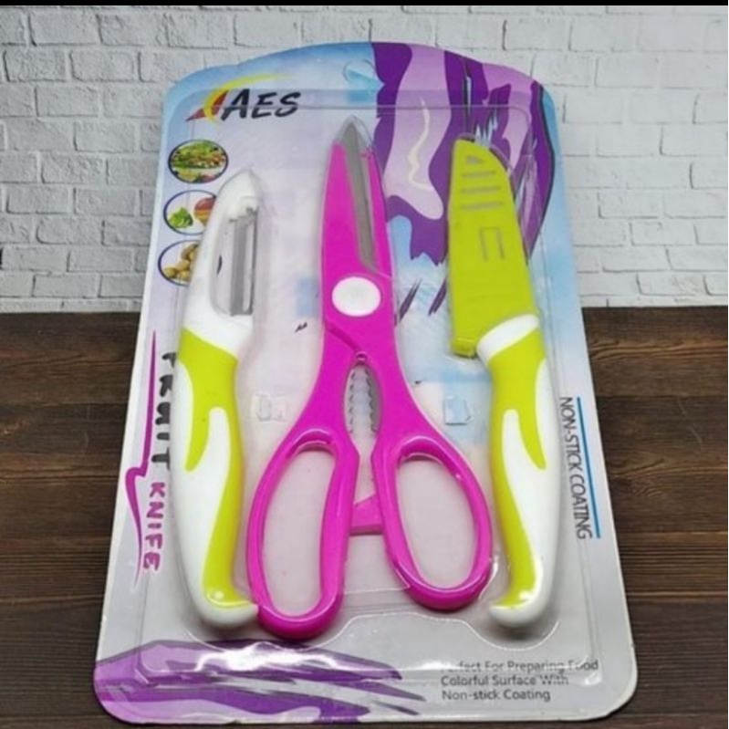 set pisau peeler gunting dapur buah sayur multifungsi 3in1