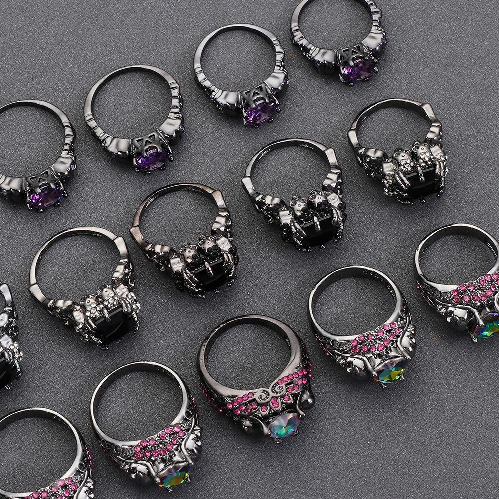 Cincin Desain Kerangka Tengkorak Bunga Halloween Gaya Retro Punk Untuk Wanita