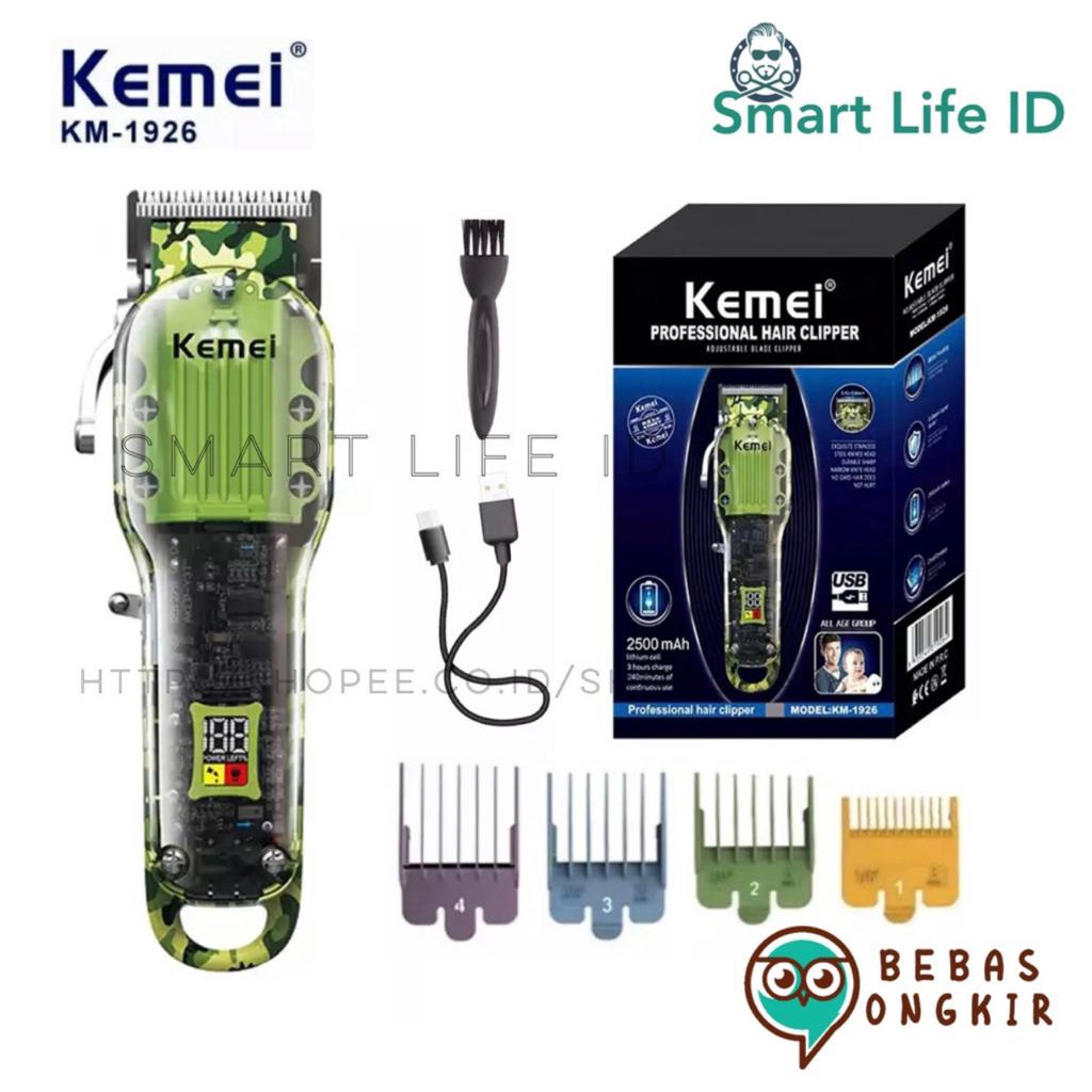 Alat Cukur Rambut Professional Hair Clipper Kemei Transparant Army LCD Digital KM 1926 KM 1928 KM TX7 Mesin Cukuran Full SET